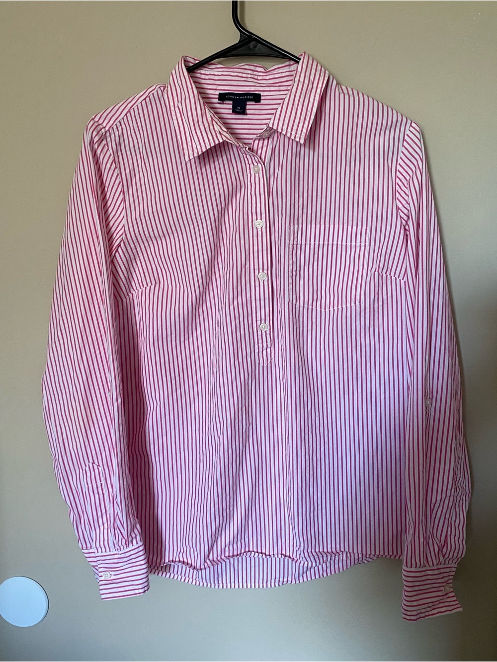 Tommy Hilfiger Pink & White Striped Popover Button Down Shirt Size M